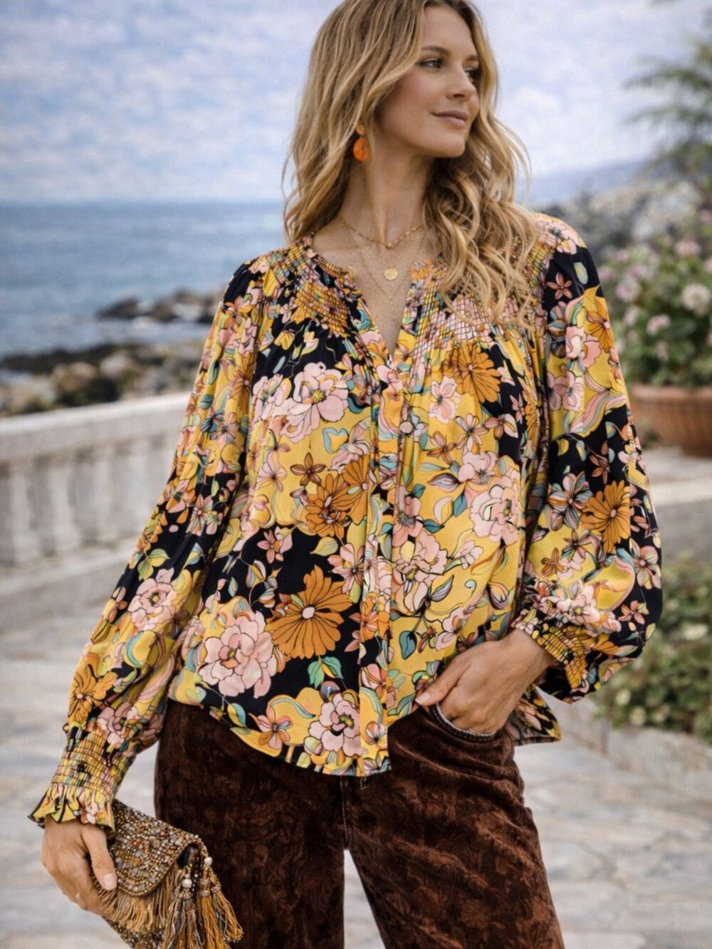 Johnny Was Jade Blouse Womens S Yellow Floral 100% Silk Smocked Long Sleeve Boho